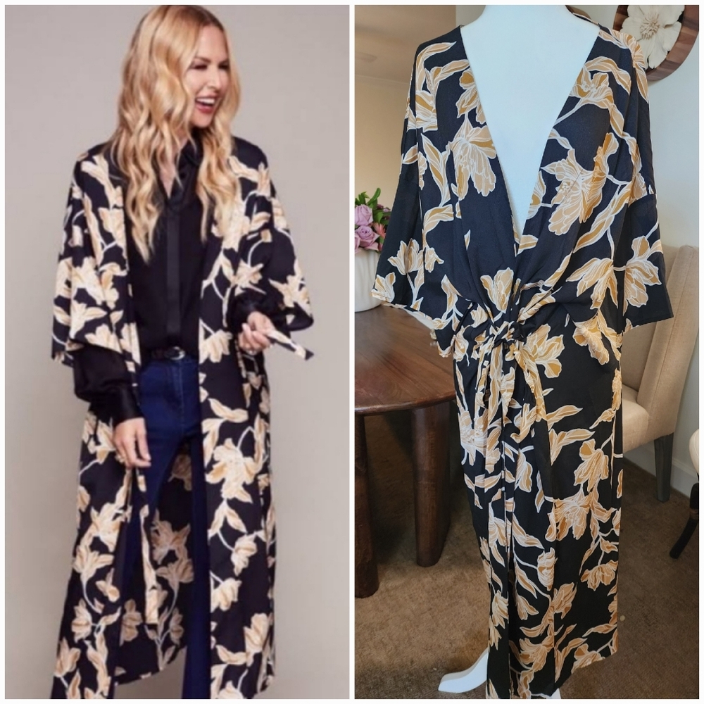 Elegant Summer Black Tan Floral Robe Dress Or Jacket- Coverup Size S/M